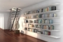 Strackk floating bookshelves under the stairs. Thin metal bookshelves for a lot of weight.