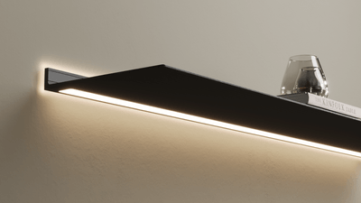 Wandplank met verlichting onder en rondom Wandplank Antraciet RAL7021 Van Strackk 1920 x 1080 pxl