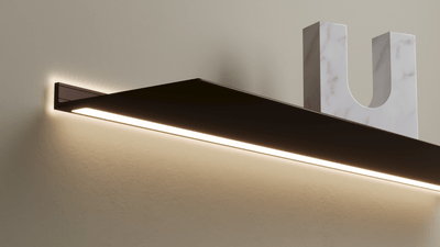 Wandplank met verlichting onder en rondom Wandplank Brons Van Strackk 1920 x 1080 pxl