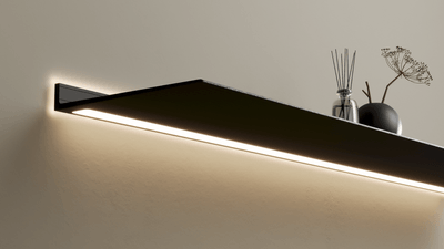 Wandplank met verlichting onder en rondom Wandplank Zwart RAL9005 Van Strackk 1920 x 1080 pxl