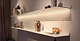 Wandplanken met en zonder verlichting Wit RAL9016 mat bij klant Enzo Bastian koud licht in perspectief Strackk 1920 x 990 pxl