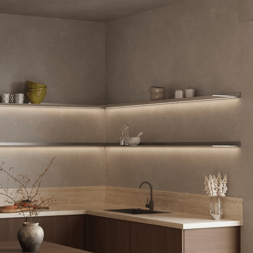 Corner shelf Aluminum with lighting underneath Strackk 1080 x 1080 pxl