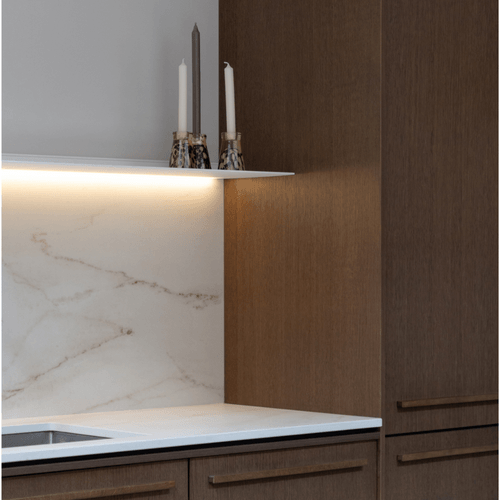 White wall shelf with lighting strackk northern architects closeup