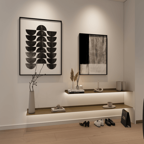 Planken met verlichting onder Anodisch Bronzen Strackk hal 2024 x 2024 pxl