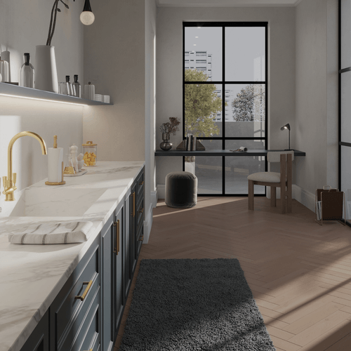 Wandplank blauw met verlichting onder in keuken Strackk zijaanzicht 2024 x 2024 pxl