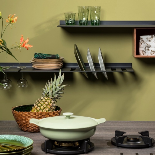 Kitchen shelf black With wine glasses rack and plate rack From Strackk