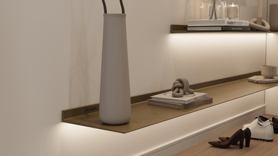 Floating shelves with lighting under Anodic Bronze 1920 x 1080 pxl