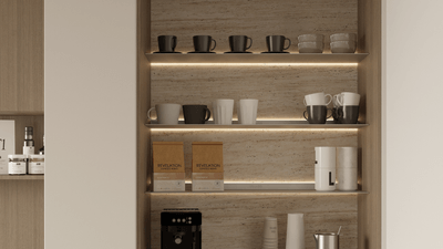 Wall shelves with lighting all around Coffee Corner Strackk 1920 x 1080 pxl