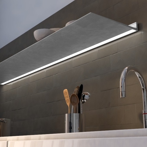 Wall shelf with lighting below Shelf in gunmetal above kitchen counter From Strackk Bottom view zoomed 1080 x 1080 pxl