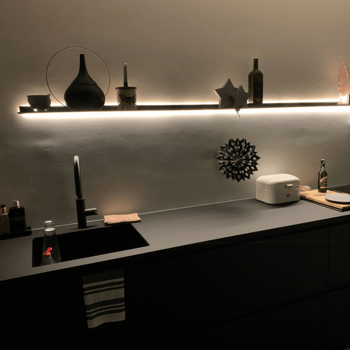 Wall shelf with lighting all around above kitchen counter From Strackk 1080 x 1080 pxl