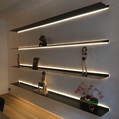 Black wall shelves with lighting all around From Strackk 1080 x 1080 pxl