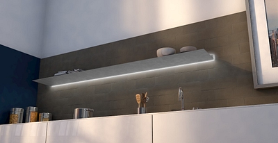 Wandplank met verlichting rondom Plank in gunmetal boven keukenaanrecht Van Strackk Onderaanzicht 1280x660 pxl