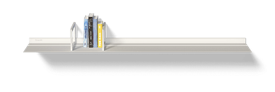 Witte boekensteunen op witte Strackk wandplank Bovenaanzicht 1280x430 pxl
