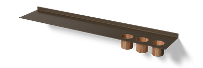 Bronzen wandplank badkamer Van Strackk Zwevende plank met opbergbekers In perspectief 1280x430 pxl