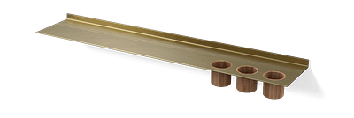 Gouden wandplank badkamer Van Strackk Zwevende plank met opbergbekers In perspectief 1280x430 pxl