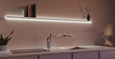 Wandplank met verlichting onder tunable light Wit in keuken Van Strackk 1280 x 660 pxl