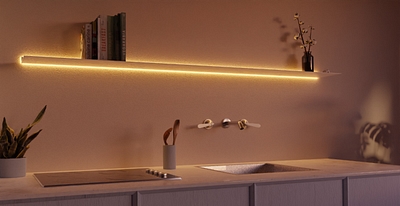 Wandplank met verlichting rondom Tunable light Geel in keuken Van Strackk 1280 x 660 pxl