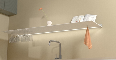 Keuken wandplank met verlichting onder Witte plank met wijnglazenrek Van Strackk Onderaanzicht 1280x660pxl