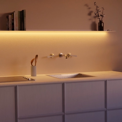 Wandplank met verlichting onder Keuken Tunable light Geel Van Strackk 1080 x 1080 pxl