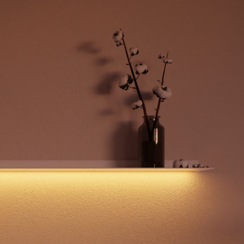 Wandplank met verlichting onder Tunable light Geel Van Strackk Vooraanzicht close up 1080 x 1080 pxl