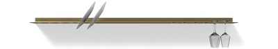 Gouden wandplank met borden en wijnglazenrek Van Strackk Vooraanzicht 1280x230 pxl